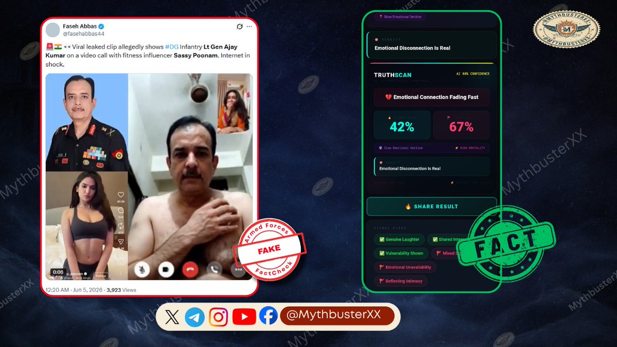 MythbusterXX's tweet photo. 🚨 Bust the Bluff

❌ Fake posts are falsely claiming that a viral leaked video shows DG Infantry Lt Gen Ajay Kumar on a video call with a social media influencer.

✅ FACT: The circulated clip is AI-generated content. This content is being used to malign and defame a senior Indian Army officer. The account @fasehabbas44 is a Pakistan-sponsored propaganda account and needs to be suspended by @GoI_MeitY for targeting the Indian Army Officers with fabricated narratives.

📌 Always verify information through official and credible sources before believing or sharing such claims.

⚠️ Verify before you amplify.
#FactCheck
#IndianArmy
#Disinformation
@adgpi
@GoI_MeitY