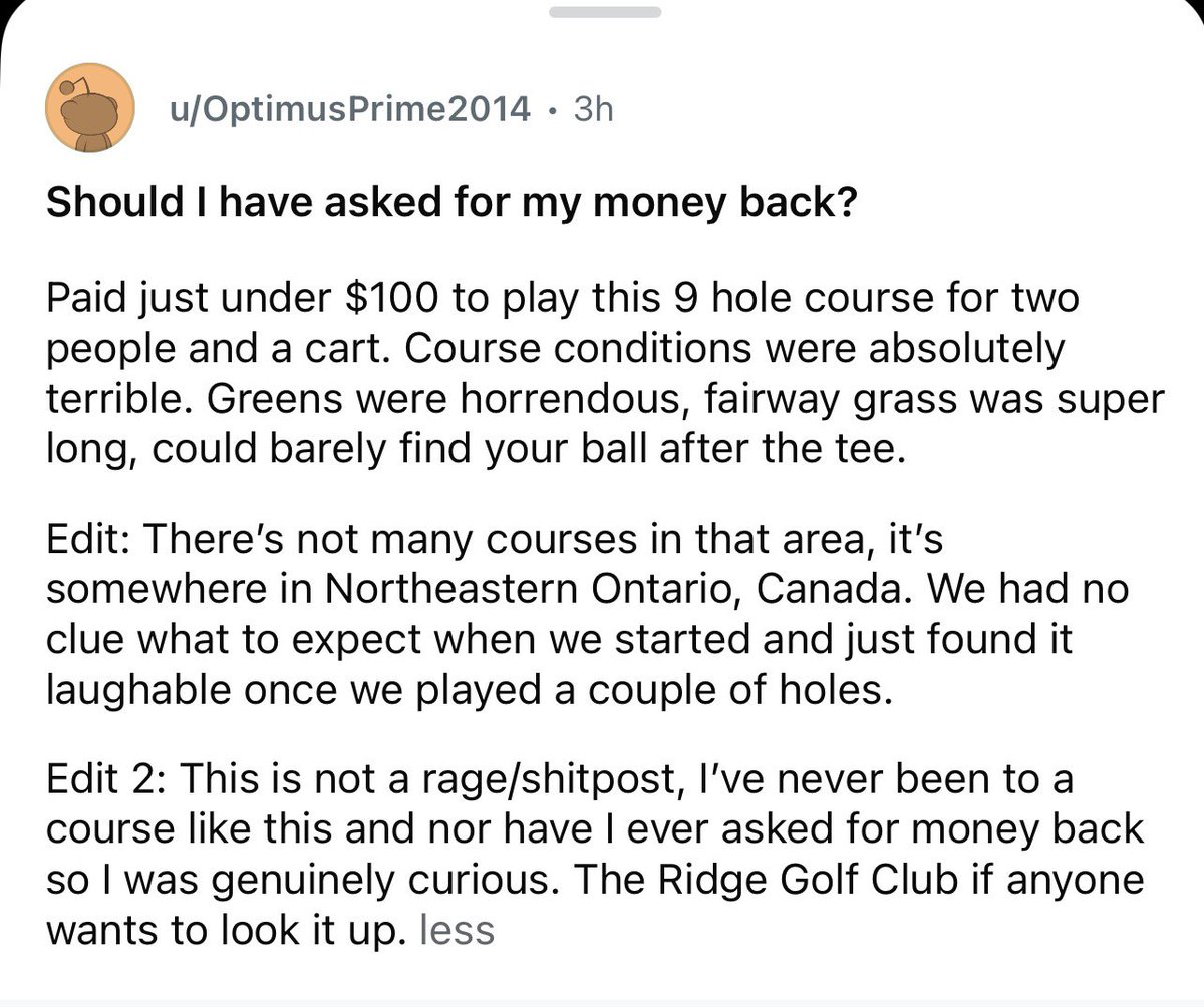 NUCLRGOLF's tweet photo. Almost $100 to play this golf course ⛳️ 

Should money of been refunded for the round? https://t.co/zHPcdCPt14