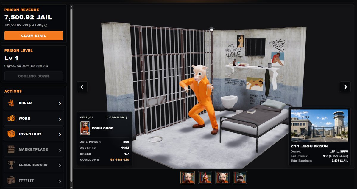 easyforshopping's tweet photo. #GAMEFI #SOL Jailed - @Jaileddotfun 🏢⛓️

Just joined early -> I have spent 3 $SOL to play -> Earning 32k $JAIL per day (~2 $SOL) 💰

🧵How to play???

🏠 Buy a jail to lock up prisoners -> https://t.co/DQAJjsMCR6

👷 Worker -> Put workers into the jail -> Earn $JAIL 

📊 The amount of $JAIL you can earn per day will vary depending on the prisoner's JAIL power 💪

🧬 To breed, you need XX $JAIL and 0.6 SOL (depending on the breed level) 🥚

⏳ Marketplace opens in about 42 hours ⏰

🎟️ Invite codes can be generated 24 hours after you start playing 🔓

🎮 Basically, it's a fun + simple gameplay loop: Gacha + Working -> Earning 🔄

📈 The token is already listed with a $4M market cap! 🔥

I can't say for sure how the market will look after 42 hours -> But at the very least, it's pretty exciting. 

Always #DYOR #NFA🙏✨

@solana will send $JAIL to the moon???