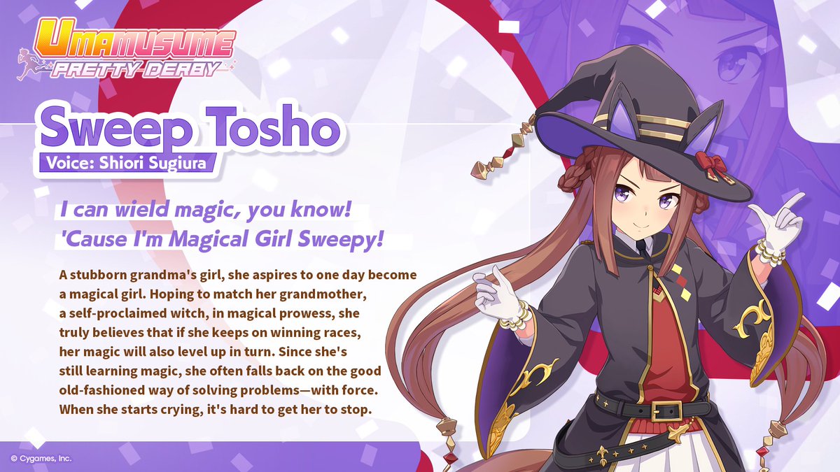 umamusume_eng's tweet photo. Character Introduction 🥕

Sweep Tosho
Voice: Shiori Sugiura

A totally spoiled brat! She swears she'll be a witch someday!

#Umamusume https://t.co/b44mqv8ZPF