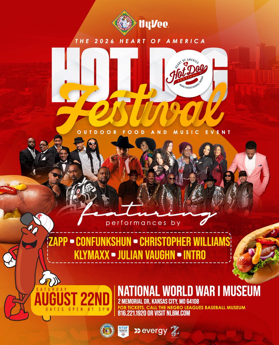 nlbmprez's tweet photo. Announced the 2026 Heart of America Hotdog Festival today with my friends from @HyVee! Join us on 8/22/26 at the @TheWWImuseum for performances by @thezappband @confunkshunusa4 Christopher Williams, Klymaxx, Julian Vaughn and Intro! Tickets at https://t.co/vwvEML2SEF! @KCStar https://t.co/jo8iSKbDTM
