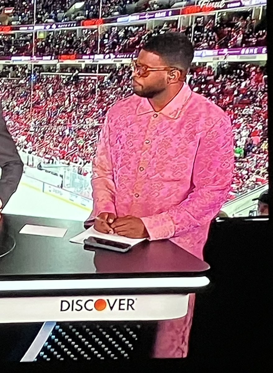 celesdiny's tweet photo. Oh boy. PK Subban is back with some pink pajamas. Or is that granny’s comforter? Who does this to him?! #StanleyCup https://t.co/fj8CvUAPvm