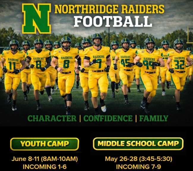 NRRaiderFB's tweet photo. Final weekend to get signed up for the Raiders Youth Football Camp! Looking forward to a fun week of football!!

https://t.co/iqKBYZiEDW https://t.co/0wOGCrRQQl