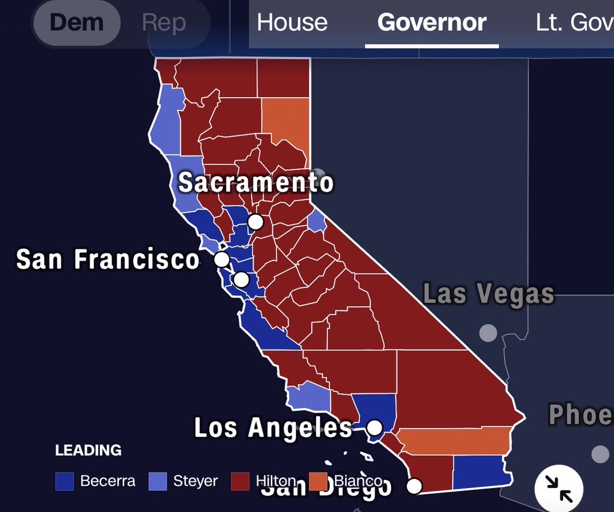 KaraMar111's tweet photo. We are not Blue! @GavinNewsom, now that all eyes across the nation are watching this shitshow that your dereliction of duty has caused when it comes to anything regarding an election, casting a vote or counting them, you may not get away with it. 
Look at this map. We are controlled, somehow… by those dirty little blue specks you see. 
You have zero chance of getting into the People’s Oval because no one wants their elections stolen in real time, over and over again. Your obtuse law you signed in with your usual croaky fanfare won’t stop Trump from watching this closely AND demanding answers. You may keep local law enforcement out, but you won’t keep our @POTUS out. This race needs called for HILTON now, you weasel.