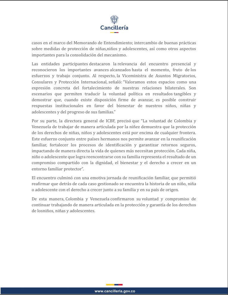 CancilleriaCol's tweet photo. 🤝🇨🇴🇻🇪 Colombia y Venezuela fortalecen su trabajo conjunto para proteger los derechos de niños, niñas y adolescentes.

A la fecha, el mecanismo binacional ha permitido más de 100 reunificaciones familiares y la atención de 424 casos priorizados. https://t.co/jyzOY5jcAZ