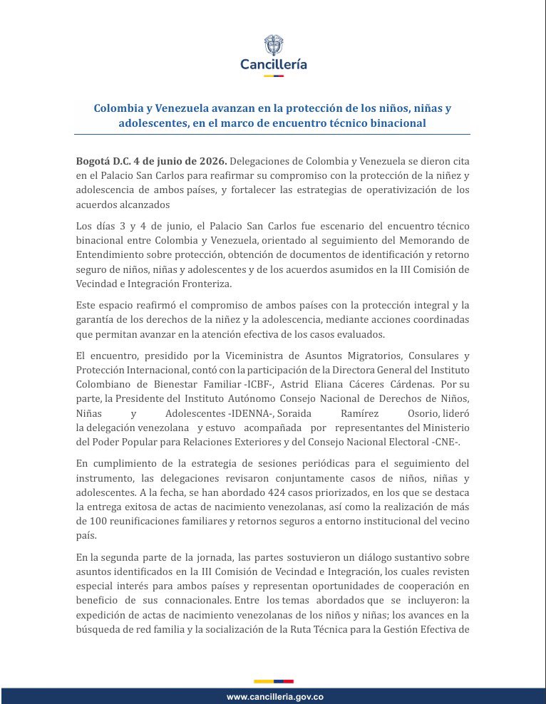 CancilleriaCol's tweet photo. 🤝🇨🇴🇻🇪 Colombia y Venezuela fortalecen su trabajo conjunto para proteger los derechos de niños, niñas y adolescentes.

A la fecha, el mecanismo binacional ha permitido más de 100 reunificaciones familiares y la atención de 424 casos priorizados. https://t.co/jyzOY5jcAZ