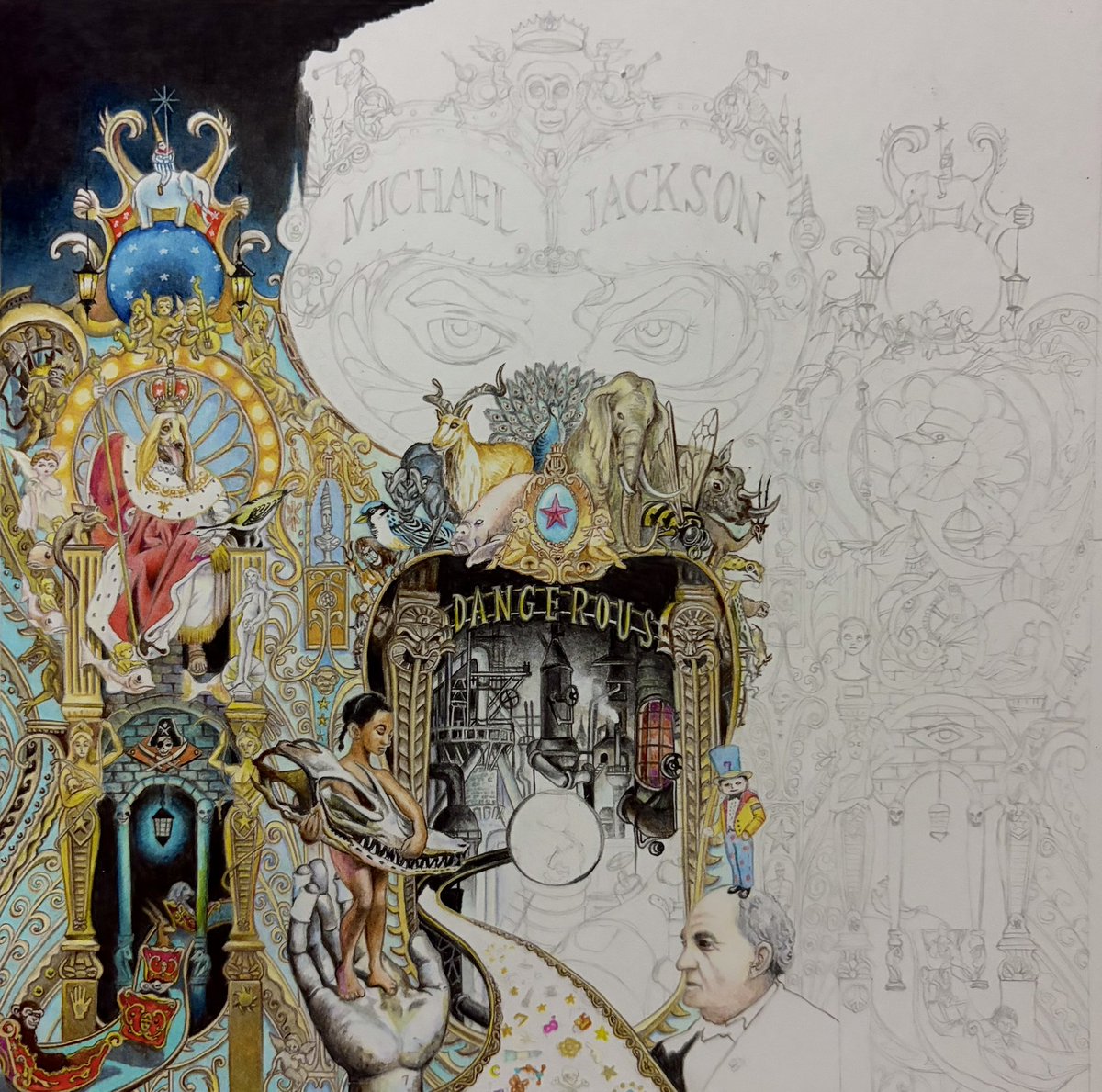 「マイケルジャクソンのアルバムジャケットを色鉛筆で描いてます A4ケント紙 模写 」|icoのイラスト