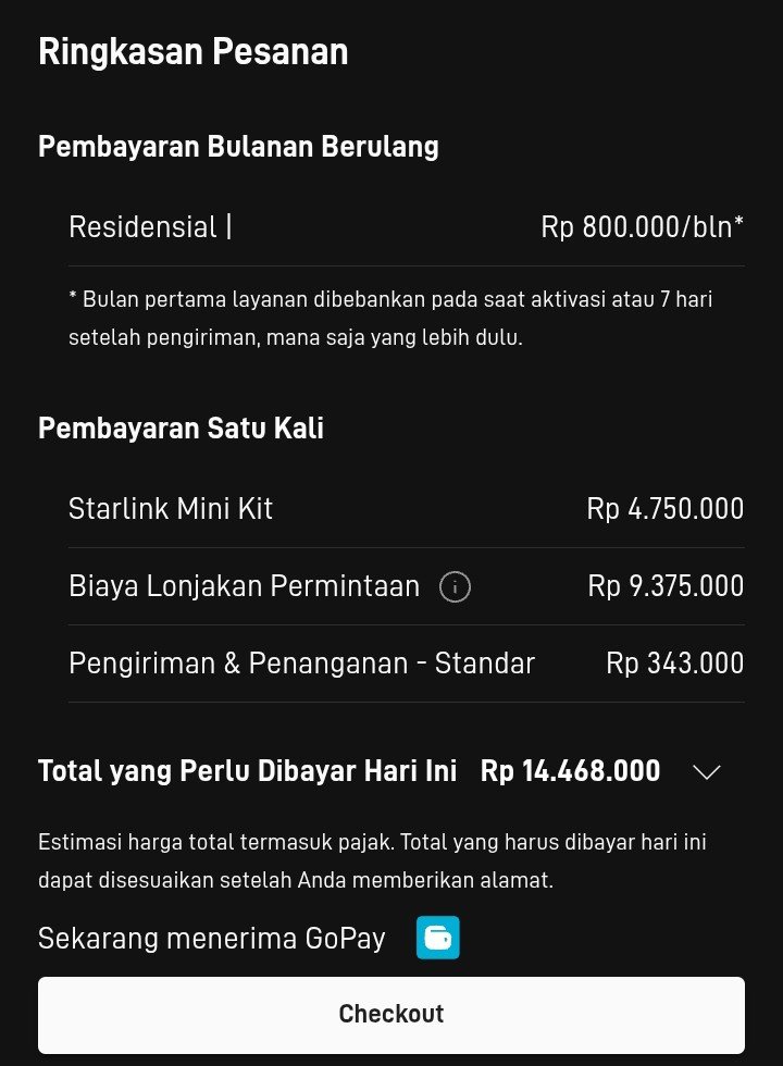 aanwar_sanusi's tweet photo. Saya mencoba buka dan daftar @Starlink karena iklannya muncul tiada henti di timeline. Saya ingin merasakan kecepatan internet 300-400 Mbps, karena seumur hidup saya tak pernah merasakannya. Kecepatan wifi di sekolah tempat saya mengajar saja hanya 20 Mbps. Tapi ketika hendak checkout, saya berpikir, apakah sepadan membayar 5 kali lipat UMR kabupaten tempat saya tinggal untuk merasakan kecepatan internet 300-400 Mbps?

Tolonglah mang @elonmusk diturunin dikit harganya, setidaknya 1 kali UMR dengan pembayaran bulanan setara dengan gaji guru honorer di Indonesia. Ini Indonesia lho, di desa lagi. Orang desa tidak pake dollar kata presidennya juga.