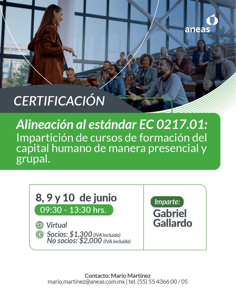ANEASdeMexico's tweet photo. Certificación | EC0217.01 Impartición de cursos de formación del capital humano

📅 8, 9 y 10 de junio

💧 Fortalece tus habilidades como instructor y desarrolla competencias para planear, impartir y evaluar procesos de capacitación de manera efectiva.

La certificación será impartida por Gabriel Gallardo y está alineada al estándar EC0217.01, contribuyendo al fortalecimiento profesional de quienes participan en la formación de talento dentro del sector hídrico.

📌 Cupo limitado. Regístrate aquí: https://t.co/bMqgPedgNI

#ANEAS #LaRedQueSumaFluyeYConecta 💦 #CulturaHídrica