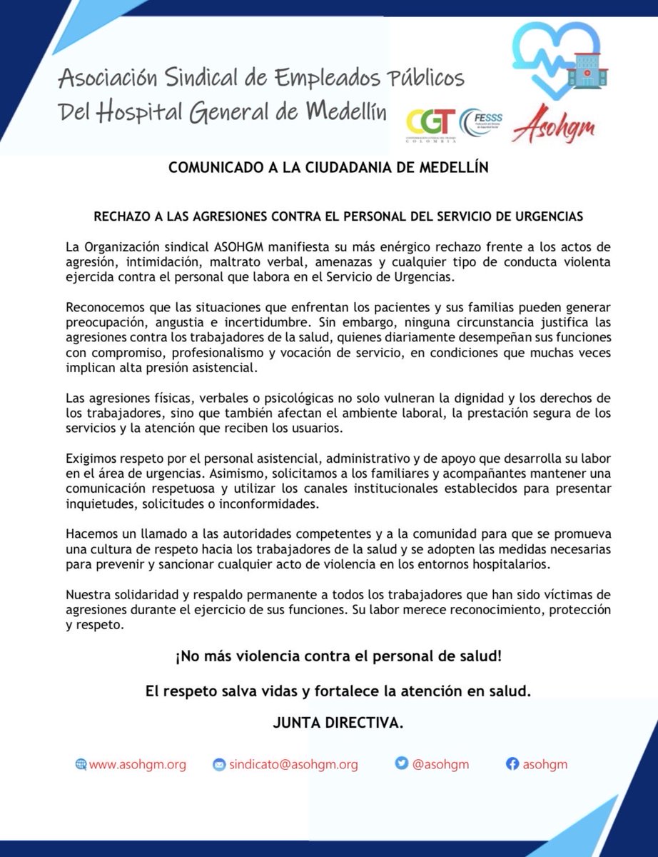 asohgm's tweet photo. Al alcalde @FicoGutierrez y a la @PoliciaColombia , lanzamos un mensaje de SOS porque tememos por nuestra integridad.
Nosotros como personal asistencial nos comprometimos a salvaguardar y proteger vidas, pero necesitamos garantías y acompañamiento.
#NoAgresiónalaMisiónMedica https://t.co/GYj5o37Bxs