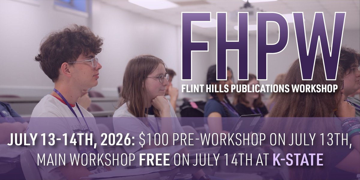 fhpw's tweet photo. Registration is open for the 2026 Flint Hills Publications Workshop July 13th and 14th at Kansas State University!
https://t.co/JTj9eeRCD4 https://t.co/N18fNVA2XY