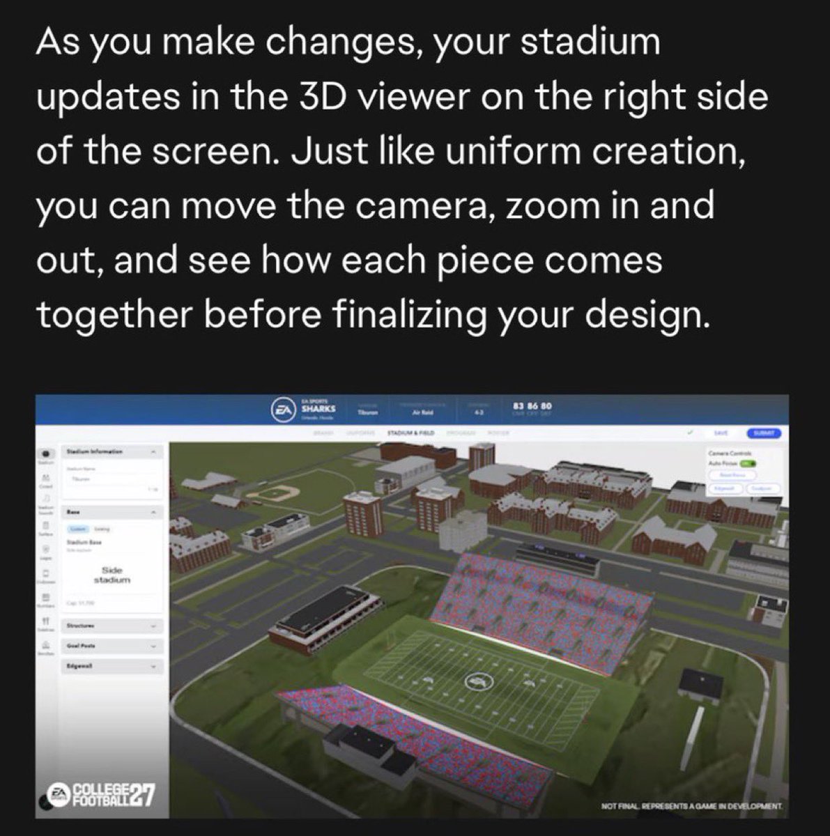 alwaysvocal_'s tweet photo. Theoretically… could we create the stadium of a small school that’s already in the game (like NDSU for example)  as a “teambuilder,” and upgrade that facility? https://t.co/5dDaZPWnVV