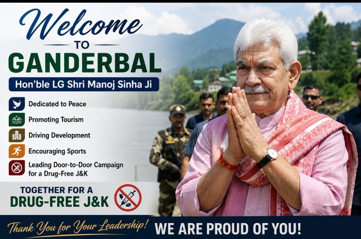 farooqgbly's tweet photo. Welcome to Ganderbal, Hon'ble LG Shri Manoj Sinha Ji. Your unwavering dedication towards Peace, Tourism, Development, sports &amp; the door-to-door campaign against drug abuse is inspiring. J&amp;K is witnessing positive change under your leadership. We are proud of you. Salute! https://t.co/RY2e1kmEqi