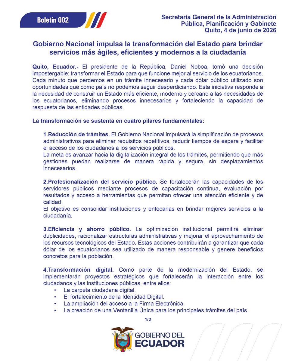 CentralNewsEC's tweet photo. 🟣 El presidente @DanielNoboaOk transforma el Estado: reduce de 14 a 10 ministerios, digitaliza trámites (carpeta ciudadana, firma electrónica, ventanilla única) y crea 3 nuevas carteras económicas, de infraestructura y de desarrollo humano.
👉🏻 @JoseJulioNeira asume como nuevo Secretario General.