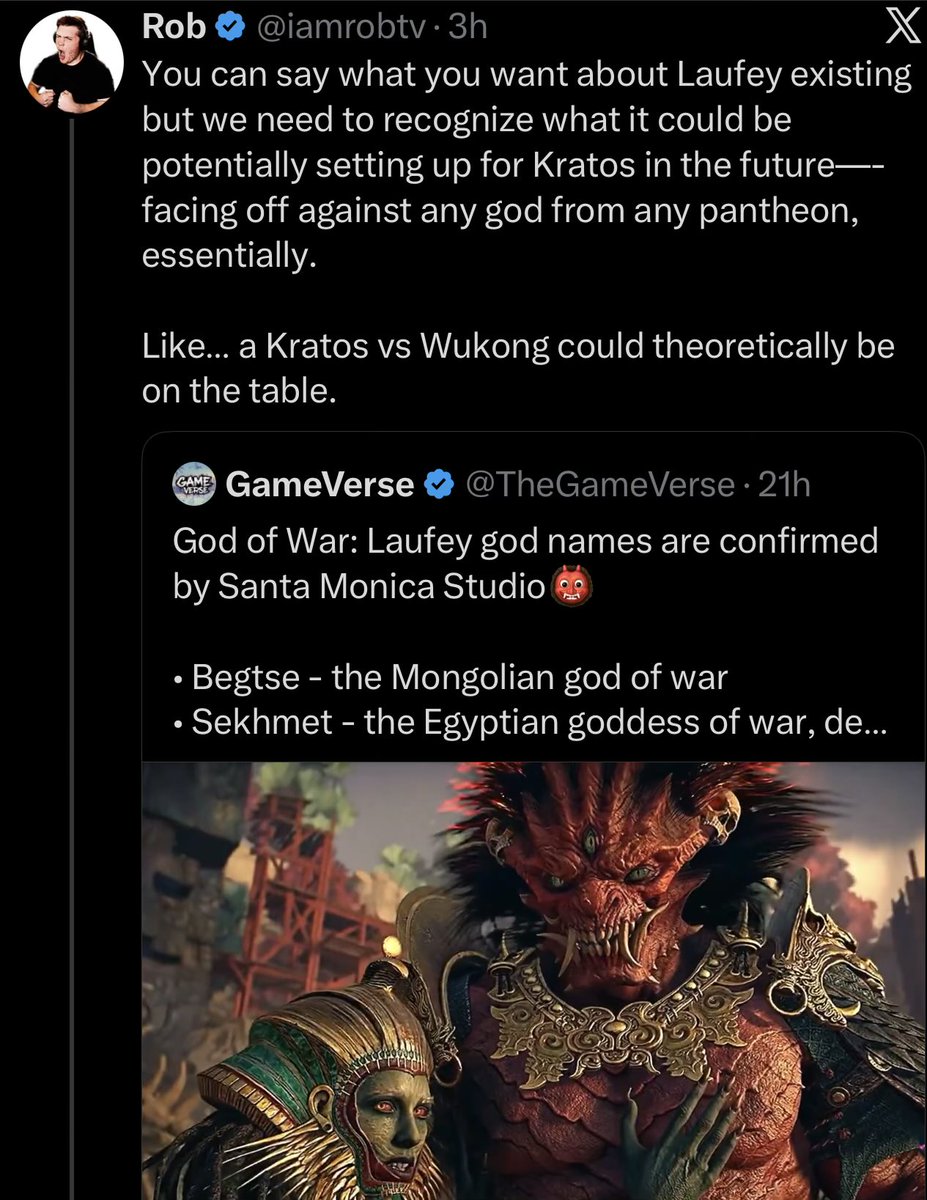 Critical_Scribe's tweet photo. So it’s setting up exactly what was set up in the first place by the fact that he went the Norse realm after Olympus was destroyed?

We just treading ground that was already tread, planting a flag down and saying it’s new?

“Oh but you see, THIS time, it can just happen anywhere!”

That sounds infinitely worse. That makes the gods action figures. We don’t get to see all these unique cultural figures in their element or homes, see what they mean to the region and how such cultures are represented. Or even how their symbolism is important to the culture they came from. They now just show up to fight or drop dialogue.

Great, amazing, so they’re not mythological figures anymore they’re just marvel characters.

The fact that this is being spouted as a selling point is telling me standards have dropped too low.

I don’t want to fight Wukong in Egypt, I want learn and interact with ancient China and what Wukong means to THEM and then fight him if he’s in the wrong.

What are we doing here? Why are we glorifying shallow execution over sincere understanding and showcasing?
