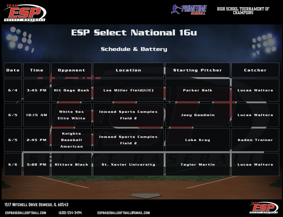 ESPSelect's tweet photo. ESP Select National 16u starts off the season today
@PrimetimeIL⚾️⚾️

Good Luck Guys!!

#esptrained
#espfamily https://t.co/rjxLJ9lEX7