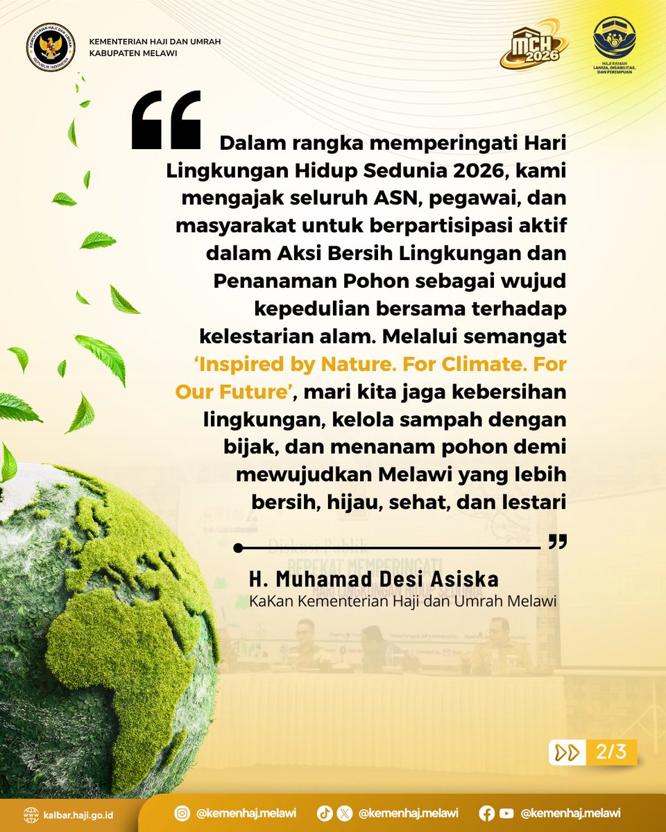kemenhajmelawi's tweet photo. Peduli Lingkungan, Wujud Syukur dan Tanggung Jawab Bersama 🌿

#HariLingkunganHidupSedunia2026 #WorldEnvironmentDay2026 #PeduliLingkungan #AksiBersihLingkungan #PenanamanPohon #KemenhajMelawi https://t.co/N1DbOzlqIL