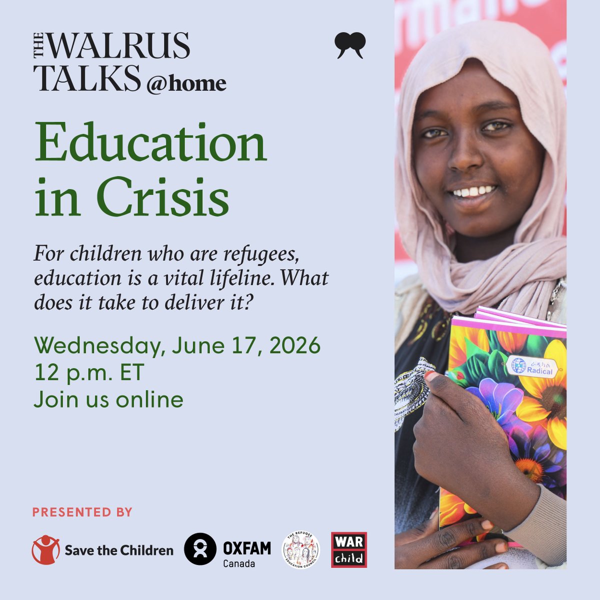 thewalrus's tweet photo. Alex Odongo of @WarChildCan shares the on-ground initiatives aiming to help young girls access education in Uganda. Don't miss this talk at The Walrus Talks at Home: Education in Crisis. https://t.co/IvIiT2aCGE https://t.co/HNC0CnkhTe