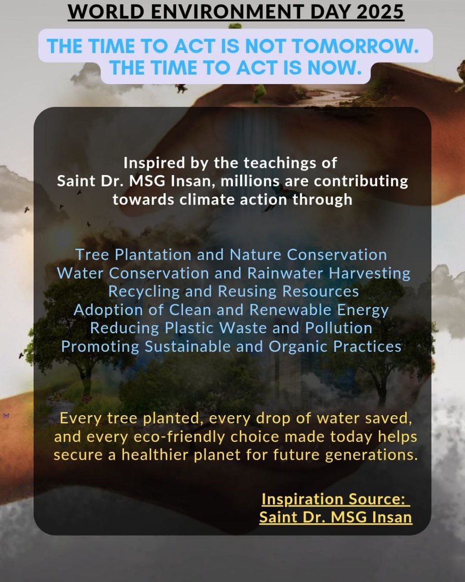 ksushma140's tweet photo. On #WorldEnvironmentDay
#WorldEnvironmentDay2026 let's pledge 2create a healthier greener &amp;brighter future 4all by protecting nature vich is our foremost responsibility. Inspired by Saint Gurmeet Ram Rahim Ji millions engaged nurturing nature,motivate ppl adopt eco frndly habits. https://t.co/qLnoycOXSc