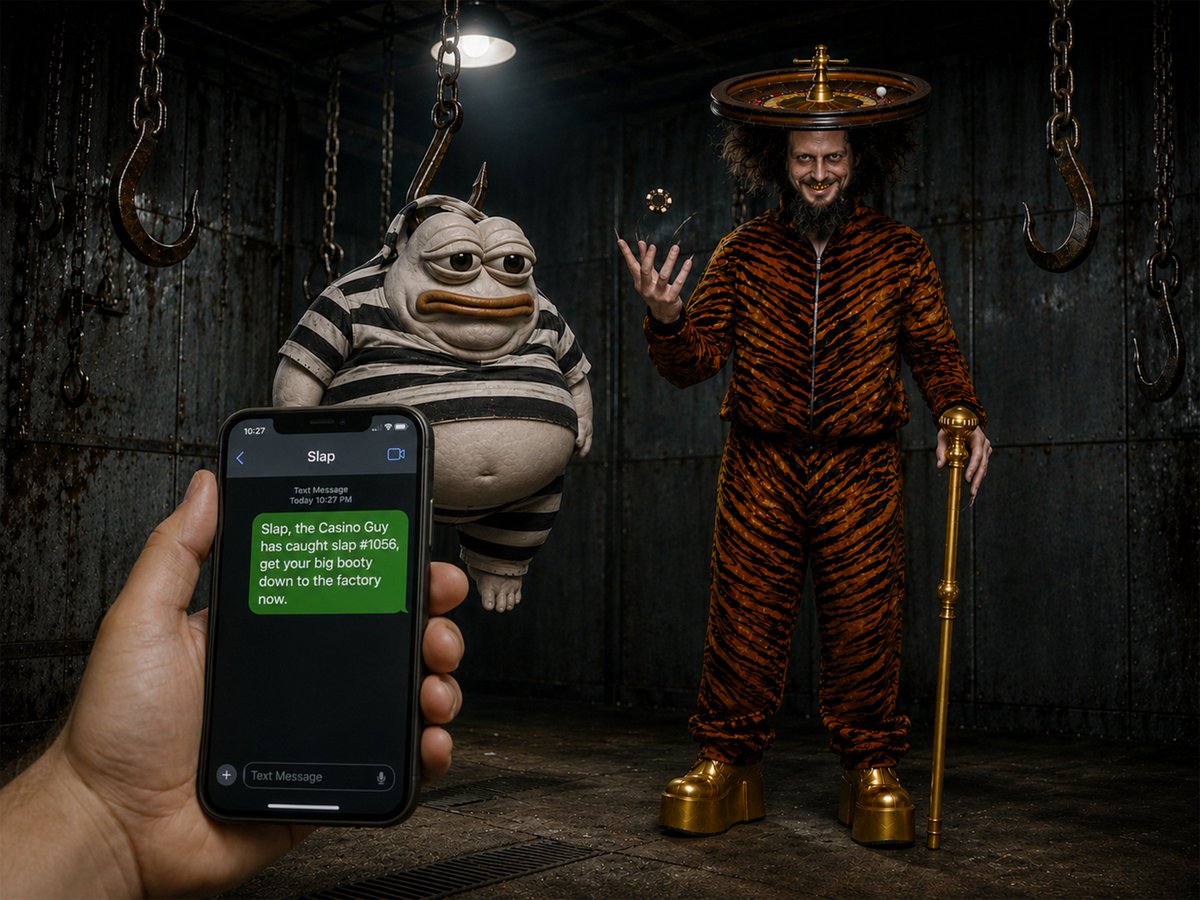 apugeneral's tweet photo. SLAP answer my TEXt Massage!!!!!

@0xpatterns aka CASINO MAN has caught Slap #1056

He IS currently strapped to a meat hook. https://t.co/UcvxWpPzxv