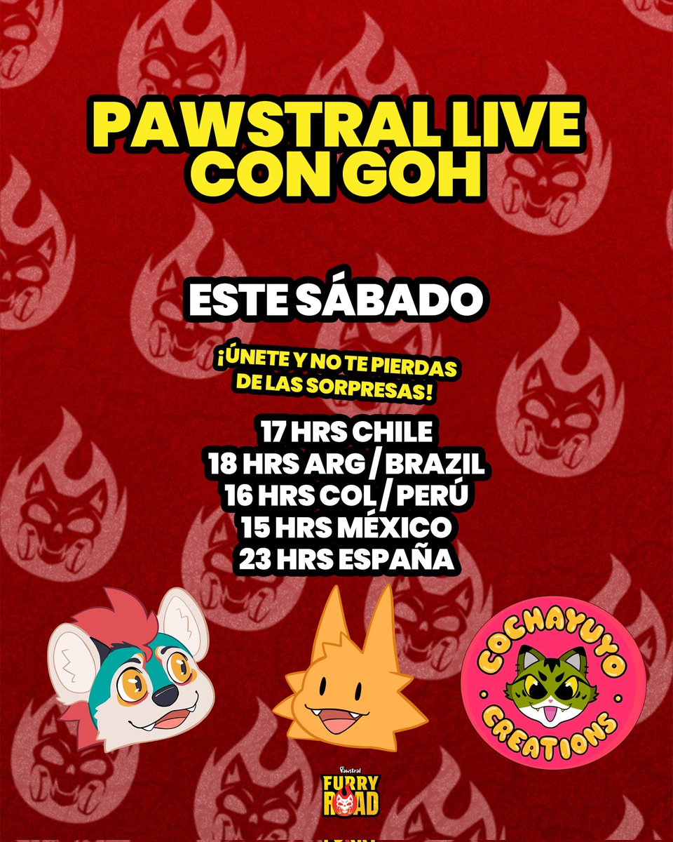 Pawstral's tweet photo. 📻☢️ Una nueva transmisión está por atravesar el caos. ☢️📻

Este sábado recibiremos a nuestros Guest of Honor en una emisión especial desde las tierras baldías de Pawstral.

🔥 @YuyoCreations
🔥 @YeenTrash
🔥 @Herutastic

Tres viajeros, tres historias y una frecuencia compartida para conversar sobre arte, comunidad, proyectos y todo lo que nos espera más allá del horizonte. 🏜⚙️

📅 Sábado
🕔 17:00 hrs Chile
🇵🇪 Perú: 16:00 hrs
🇨🇴 Colombia: 16:00 hrs
🇲🇽 México (CDMX): 15:00 hrs
🇦🇷 Argentina: 18:00 hrs
🇧🇷 Brasil (São Paulo): 18:00 hrs
🇪🇸 España: 23:00 hrs

📡 Transmisión en Instagram Live y https://t.co/W0SZb9OzZk

🎟 Además, tendremos sorpresas y sorteos en vivo para quienes se conecten a la transmisión. 👀🔥

🧸 Entre los premios tendremos un peluche de Leon y un peluche de Sky esperando encontrar nuevo hogar dentro del caos.

⚠️ Si aún no participas del sorteo, recuerda que los comentarios en la publicación correspondiente estarán abiertos hasta el sábado a las 14:00 hrs (Chile).

Mantén tu radio encendida.
Nunca sabes qué mensajes puede traer el caos. 📻⚙️

⚙️ Nos vemos en el caos.
Pawstral FurCon 2026
21 • 22 • 23 de Agosto
📍 Hotel Le Méridien — Santiago de Chile 🔥