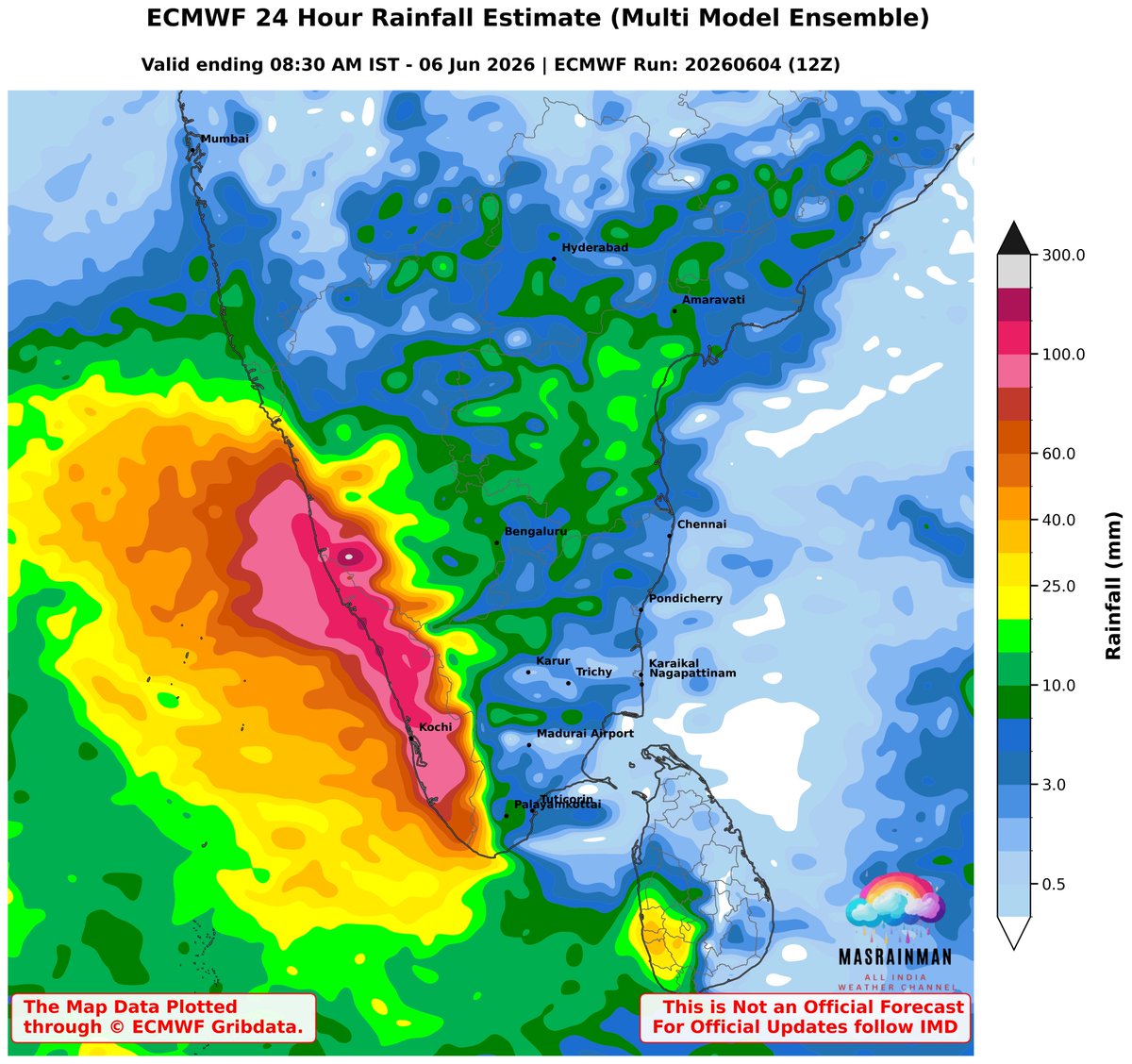 MasRainman's tweet photo. Daily Weather Inference 05.06.2026 |#SWM2026  Progressing Further into Karnataka & Tamilnadu!!

Widespread Heavy/Very Heavy Rains Expected in Kerala & Karavalli Karnataka  Moderate/Heavy Rains Likely in Interior Karnataka, Bengaluru city and suburbs may get isolated Light/Moderate Rains as well.Coastal Maharashtra Rayalaseema & Central AP as well.Meanwhile Telangana including Hyderabad too will witness Thunderstorms today. 

In Tamil Nadu, Heavy Rains likely in Nagercoil Kanyakumari Western Ghats Adjoining South TN (Manjolai Tenkasi) Valparai & Nilgiris.Isolated Moderate Rains Likely in Nellai Interior Thoothukudi Viruduhunagar Ramnad Sivagangai Puduukottai Thanjavur Thiruvarur Dindigul Theni Kovai Erode Tiruppur Salem Karur Namakkal Dharmapuri Krishnagiri Ambur Vaniyambadi Vellore Ranipet Thiruvannamalai Kallajurichi.Isolated Light Rains Likely in Chennai KTCC Chengalpattu Villupuram  Pondy Cuddalore Nagai & https://t.co/8cO3opqf0E Westerly winds sets in Chennai (KTCC Surrounding will get Thunderstorms from now onwards.

Meanwhile, Hot Day Ahead over Vellore & KTCC Including North TN including Chennai will trend close to 39/40 with Isolated Thunderstorms in the evening.

📲 Tamil Nadu| Kerala | Karnataka | Telangana | AP - District-wise|State Wise Weather Charts | Follow our Whastsapp : https://t.co/4gzPnyRMTD 

#TamilNaduWeather #Heatwave #TNRains #ChennaiWeather #Summer2026 #Thunderstorms #RainUpdate #ConvectiveRains #MonsoonWatch #PreMonsoon #RainAlert #StormUpdate #WeatherAlert #TNRains #KeralaRains #masrainmanoffic @MASRainmanOffic
