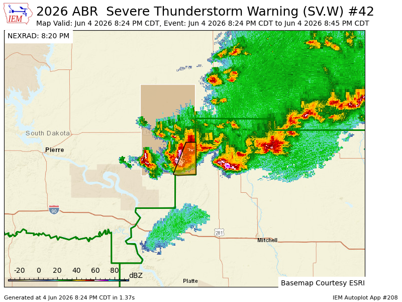 shawncable's tweet photo. ABR issues Severe Thunderstorm Warning [wind: 60 MPH (RADAR INDICATED), hail: 1.00 IN (RADAR INDICATED)] for Hand [SD] till 8:45 PM CDT https://t.co/qlJWwEWzVk https://t.co/mADGVWvakB