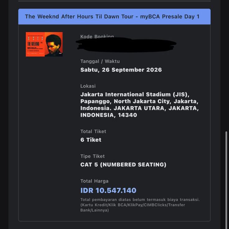 briezzyss's tweet photo. WTS TIKET THE WEEKND 
day 1 cat 5 sisa 1 ticket nobar ya teman teman nanti di anterin/di tukerin sampe udah masuk venue no biaya jastip yang mau more info dm ya, cat 3 day 2 juga adaa 6tix https://t.co/7pKhSKHvU6