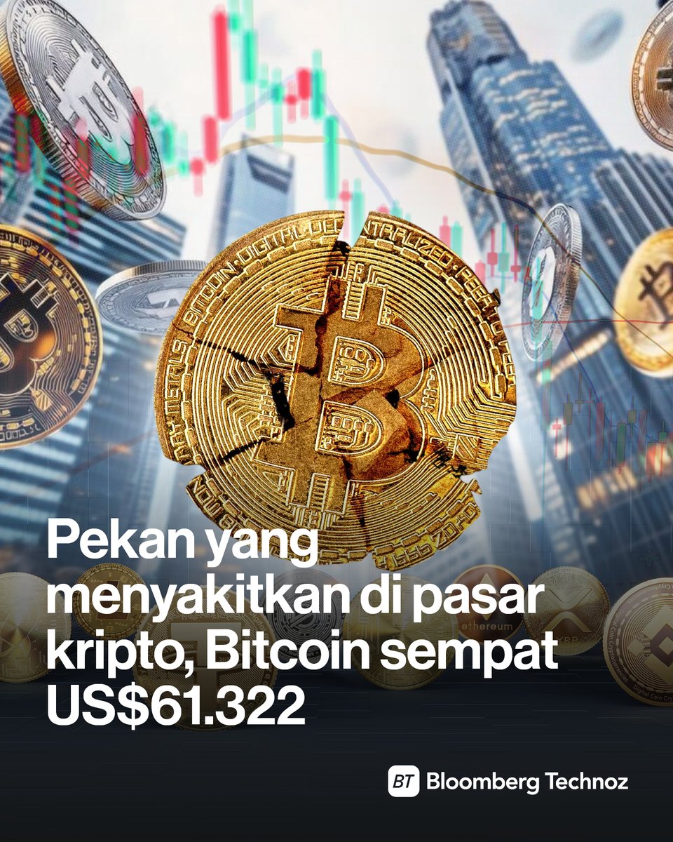 BloombergTZ's tweet photo. Bitcoin mencatat pekan terburuk dalam beberapa bulan terakhir setelah sempat jatuh ke US$61.322 akibat tekanan jual dan gelombang likuidasi, diperparah arus keluar dana ETF, aksi jual Strategy, serta peralihan minat investor ke saham.

Simak selengkapnya: https://t.co/9p1MnNdWWM https://t.co/sIaRWJfJD1