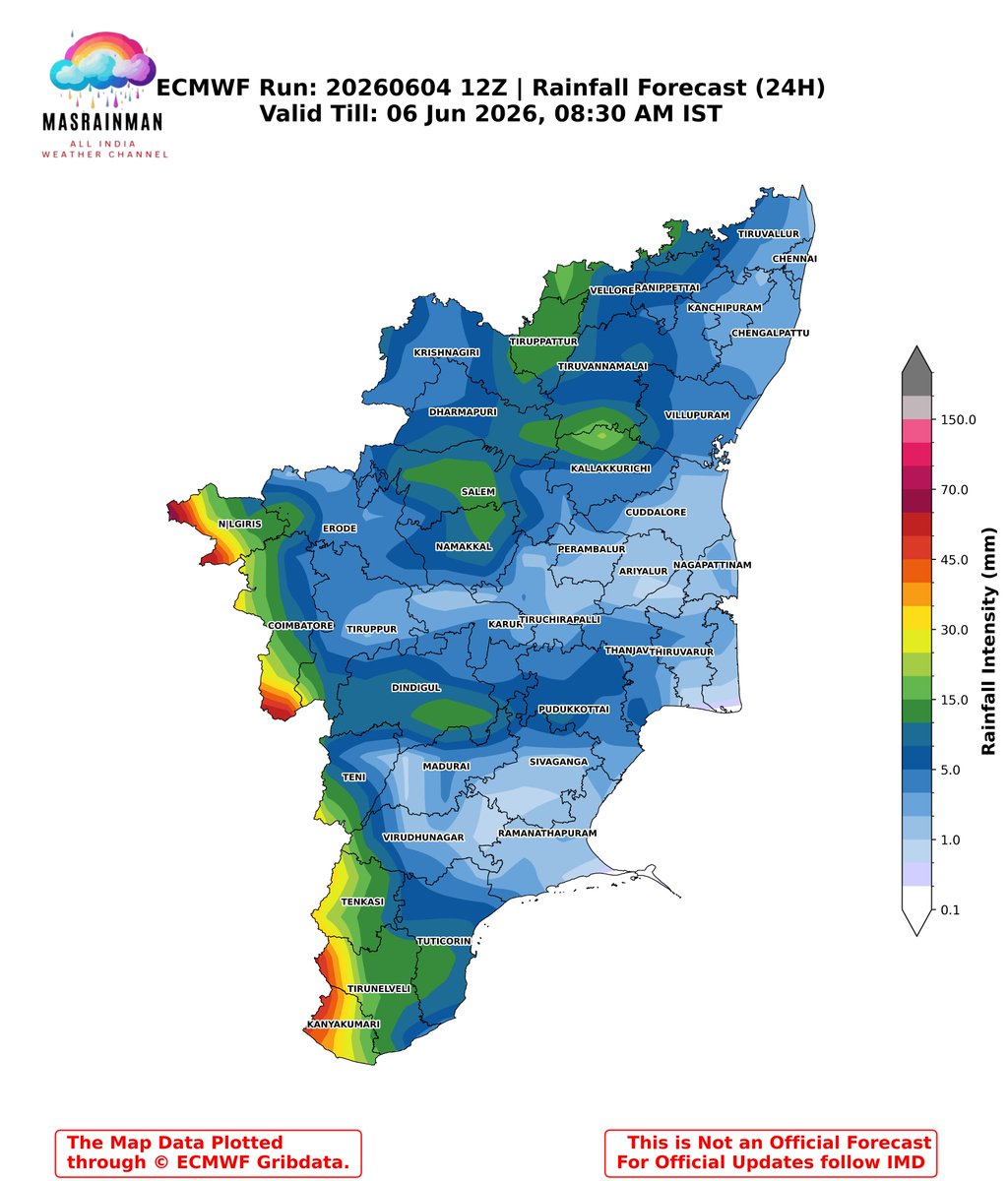 MasRainman's tweet photo. Daily Weather Inference 05.06.2026 |#SWM2026  Progressing Further into Karnataka & Tamilnadu!!

Widespread Heavy/Very Heavy Rains Expected in Kerala & Karavalli Karnataka  Moderate/Heavy Rains Likely in Interior Karnataka, Bengaluru city and suburbs may get isolated Light/Moderate Rains as well.Coastal Maharashtra Rayalaseema & Central AP as well.Meanwhile Telangana including Hyderabad too will witness Thunderstorms today. 

In Tamil Nadu, Heavy Rains likely in Nagercoil Kanyakumari Western Ghats Adjoining South TN (Manjolai Tenkasi) Valparai & Nilgiris.Isolated Moderate Rains Likely in Nellai Interior Thoothukudi Viruduhunagar Ramnad Sivagangai Puduukottai Thanjavur Thiruvarur Dindigul Theni Kovai Erode Tiruppur Salem Karur Namakkal Dharmapuri Krishnagiri Ambur Vaniyambadi Vellore Ranipet Thiruvannamalai Kallajurichi.Isolated Light Rains Likely in Chennai KTCC Chengalpattu Villupuram  Pondy Cuddalore Nagai & https://t.co/8cO3opqf0E Westerly winds sets in Chennai (KTCC Surrounding will get Thunderstorms from now onwards.

Meanwhile, Hot Day Ahead over Vellore & KTCC Including North TN including Chennai will trend close to 39/40 with Isolated Thunderstorms in the evening.

📲 Tamil Nadu| Kerala | Karnataka | Telangana | AP - District-wise|State Wise Weather Charts | Follow our Whastsapp : https://t.co/4gzPnyRMTD 

#TamilNaduWeather #Heatwave #TNRains #ChennaiWeather #Summer2026 #Thunderstorms #RainUpdate #ConvectiveRains #MonsoonWatch #PreMonsoon #RainAlert #StormUpdate #WeatherAlert #TNRains #KeralaRains #masrainmanoffic @MASRainmanOffic