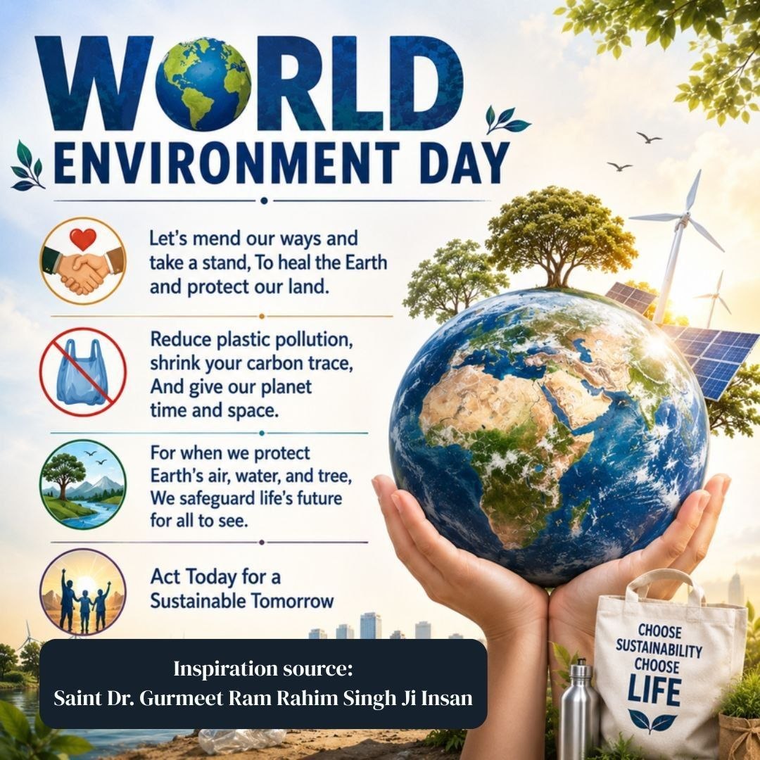 GDuneja's tweet photo. Small changes can make a massive impact. Saint Gurmeet Ram Rahim Ji says Today is a great reminder to plant a tree, cut down on single-use plastic, and appreciate the beautiful planet we call home. Adopt green habits. 
#WorldEnvironmentDay
#WorldEnvironmentDay2026 https://t.co/OEkZK9f72Y