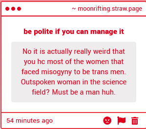 MoonRifting's tweet photo. genuinely why do you think trans men shouldn't exist in certain contexts? do you unrionically believe that for the sake of optics if someone is a victim of misogynistic abuse they can never ever transition for the sake of feminism that should inherently include trans people??? https://t.co/5gOUBMwnsz