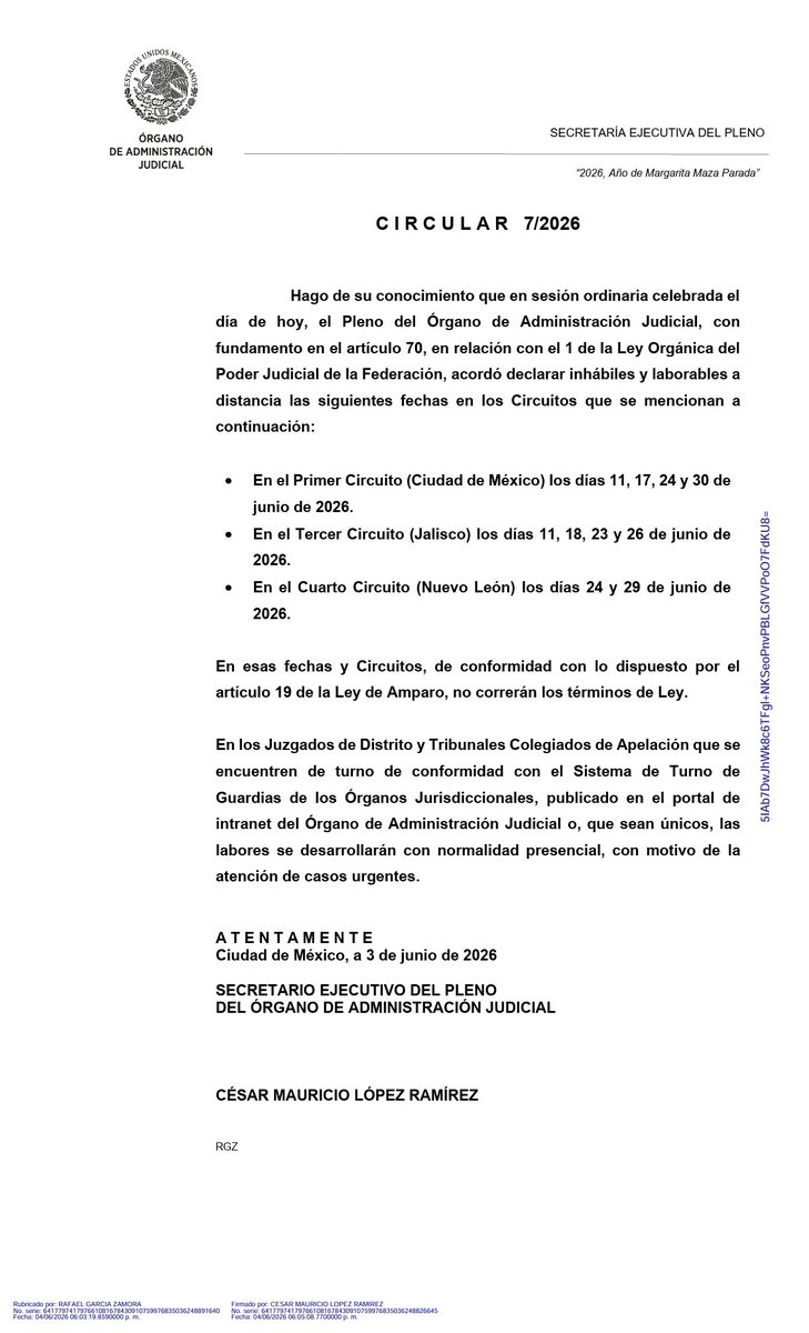 erik_ortuno's tweet photo. 🚨⚖️ Atención litigantes, abogados y justiciables ⚖️🚨

El Órgano de Administración Judicial informó que durante junio de 2026 habrá días inhábiles y labores a distancia en diversos Circuitos Judiciales del Poder Judicial de la Federación. 📅💻

📍 Primer Circuito (CDMX): 11, 17, 24 y 30 de junio.
📍 Tercer Circuito (Jalisco): 11, 18, 23 y 26 de junio.
📍 Cuarto Circuito (Nuevo León): 24 y 29 de junio.

⏳ Importante: En esas fechas NO correrán los términos legales conforme al artículo 19 de la Ley de Amparo.

👨‍⚖️ Sin embargo, los órganos de guardia y aquellos que sean únicos continuarán operando presencialmente para la atención de asuntos urgentes.

📖 Antes de presentar promociones o calcular plazos, verifica si tu asunto se encuentra en alguno de los Circuitos señalados.

#PJF #PoderJudicial #JuicioDeAmparo #Abogados #Litigio #Derecho #TFJA #Justicia #Amparo #TérminosLegales #DefensaFiscal #Fiscalistas #Contadores #México 🇲🇽⚖️📚⏳