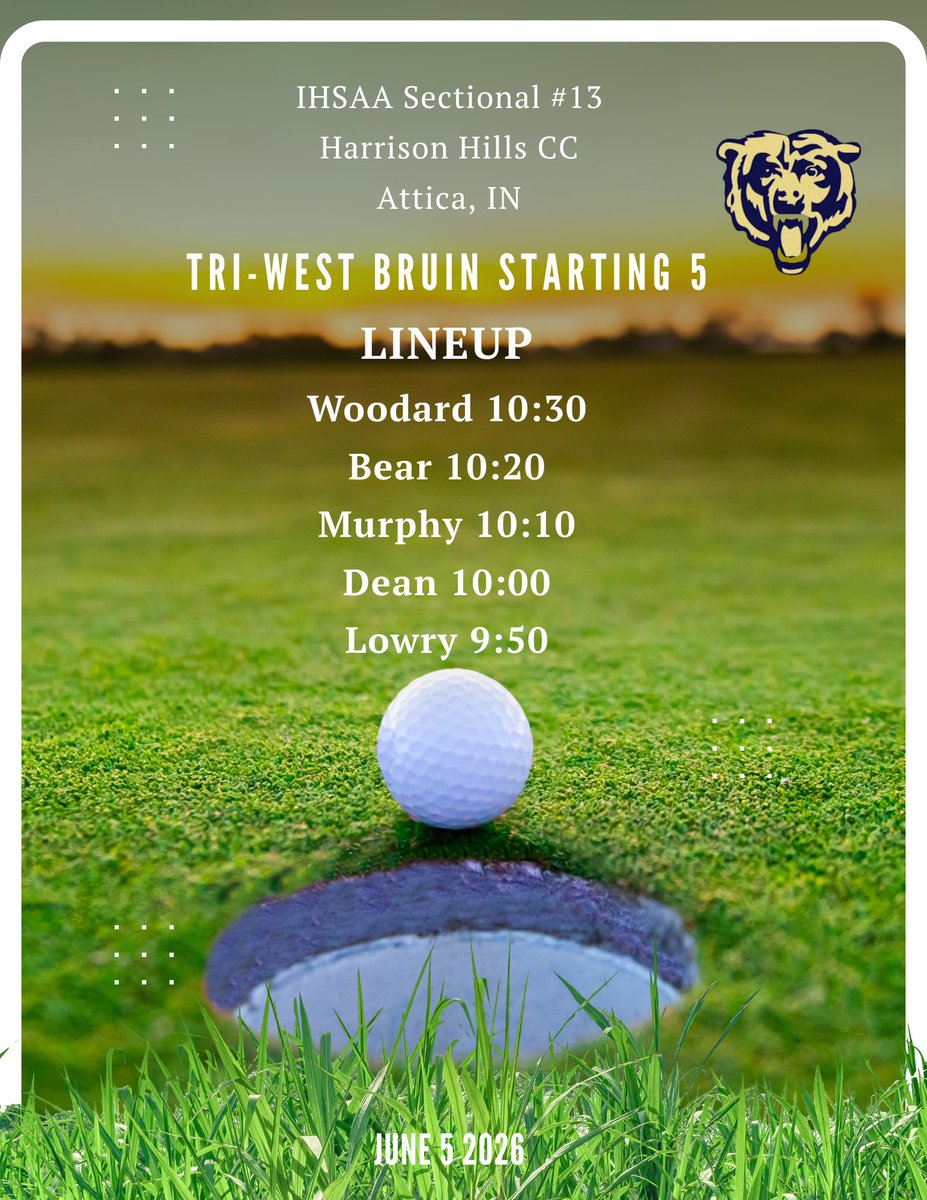 TWBoysGolf's tweet photo. Tomorrow the Bruins will participate in Sectional 13 play at Harrison Hill CC in Attica. We are excited to take on a great field and challenging course. 
#GoBruins https://t.co/G4fa5ieeIG