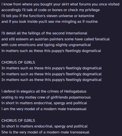 beingwretch's tweet photo. @GuildingLilly @base2wave hello i reworded the whole song along these lines and was just checking twitter to see if anyone had the same idea and you did! i think inside every trans women theres a little weird al

mine's a little channy and based around 20-30something intracommunity stereotypes but https://t.co/IX3Duac7EQ
