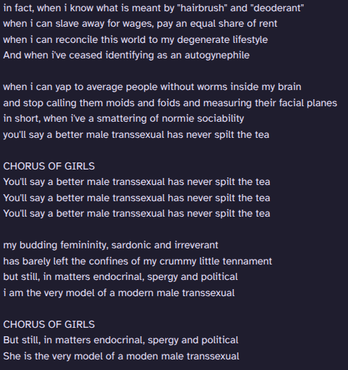beingwretch's tweet photo. @GuildingLilly @base2wave hello i reworded the whole song along these lines and was just checking twitter to see if anyone had the same idea and you did! i think inside every trans women theres a little weird al

mine's a little channy and based around 20-30something intracommunity stereotypes but https://t.co/IX3Duac7EQ
