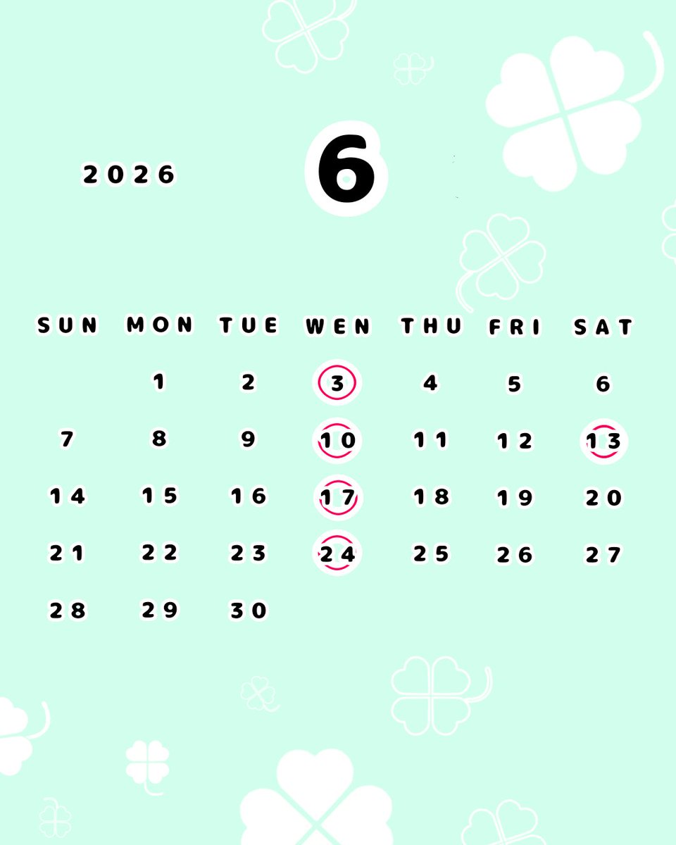 luckiness_hk's tweet photo. ／
6月お休みのお知らせ☘️
＼

3日、10日、⚠️13日(土)、17日、24日
毎週水曜日定休となります( ⊃'-'⊂ )

※6月13日(土)はお休みとなります。
ご来店の際ご注意ください。 https://t.co/5rMWncau2Z