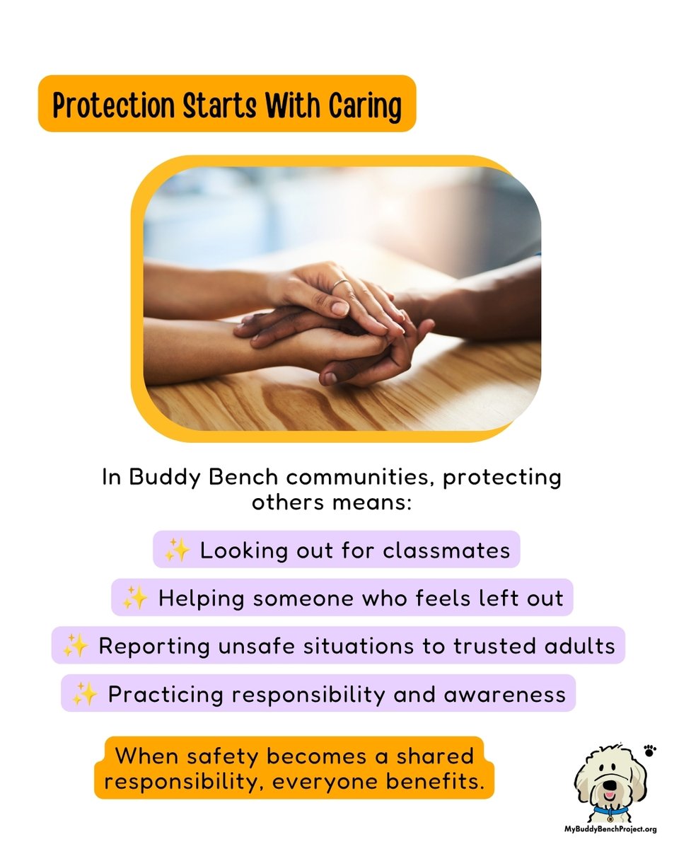 MyBuddyBenchPro's tweet photo. When children know they are supported by caring friends, trusted adults, and a strong community, they are more likely to seek help, build healthy relationships, and support others in return.
#MyBuddyBenchProject #NationalSafetyMonth #KindnessMatters #ProtectWhatMatters #BeABuddy https://t.co/kNvmZB9Afr