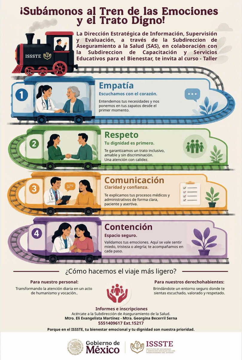 MorenoMarioB's tweet photo. 🚂 ¡Hoy todo el equipo de Trato Digno nos subimos al “Tren de las Emociones”!

Tomamos este curso-taller fundamental para el manejo de emociones, reforzando los cuatro vagones clave de nuestra labor: Empatía, Respeto, Comunicación y Contención. 

Este tipo de herramientas son indispensables para transformar la atención diaria en un verdadero acto de humanismo y vocación, asegurando que nuestros derechohabientes se sientan siempre escuchados, valorados y respetados.

Quiero agradecer profundamente a las personas que hicieron posible este espacio: a la Directora @RocioVillarauz , al Mtro. Eli Evangelista y a la Mtra. Georgina Becerril @Galletacv . 

Seguimos capacitándonos y llevando estas herramientas directo al territorio, porque en el @ISSSTE_mx , el bienestar emocional y la dignidad son nuestra prioridad. 💼❤️