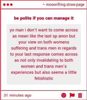MoonRifting's tweet photo. hey so buddy you won't believe what i am. you guys genuinely need to figure out what the term fetishistic ACTUALLY means because a trans guy making a joke about women secretly being trans guys is the least of your problems https://t.co/5jsDDVQpf8