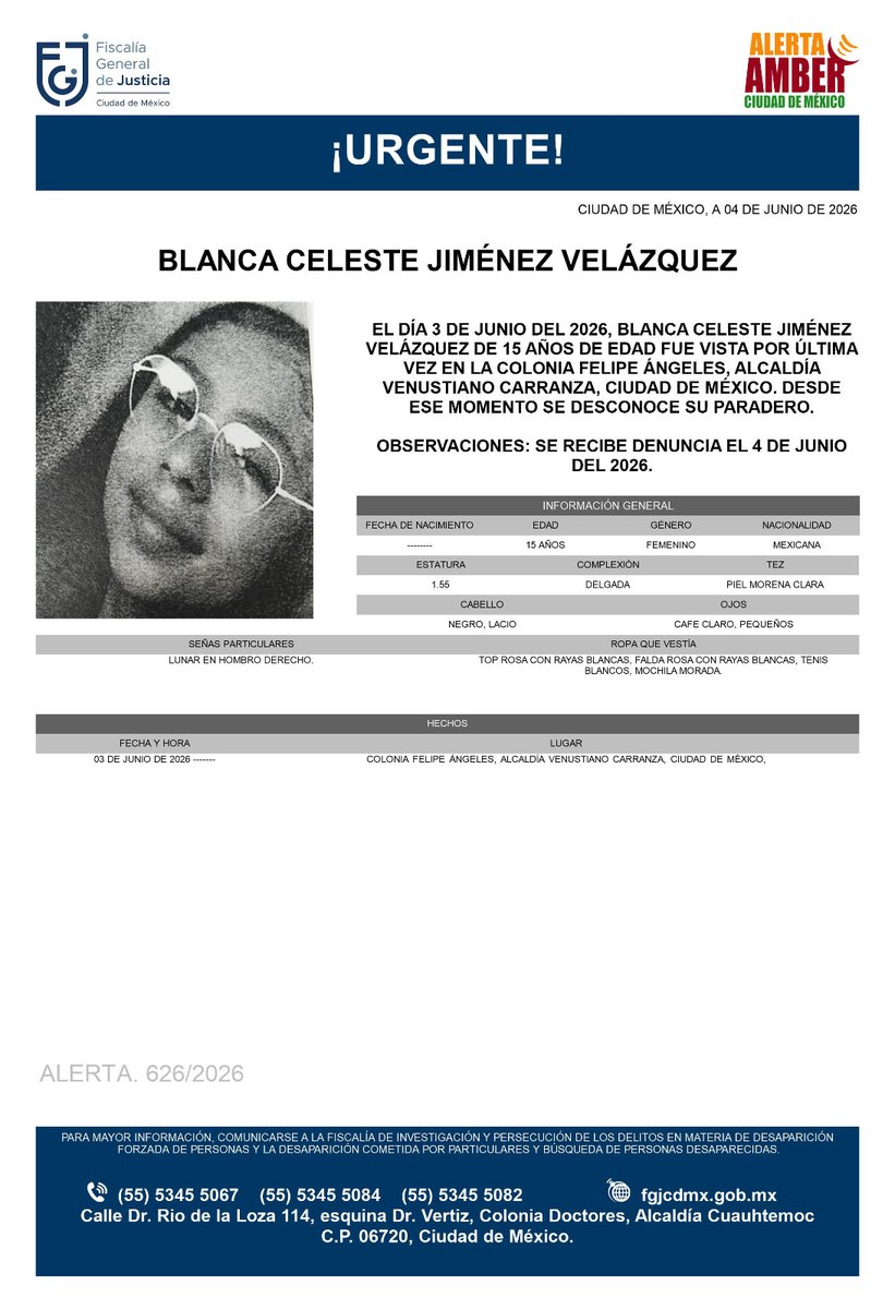 AAmberCDMX's tweet photo. Se activa #AlertaAmber para localizar a Blanca Celeste Jiménez Velázquez, de 15 años, vista por última vez el pasado 3 de junio, en la colonia Felipe Angeles, alcaldía Venustiano Carranza. https://t.co/JVMCGtaHJb