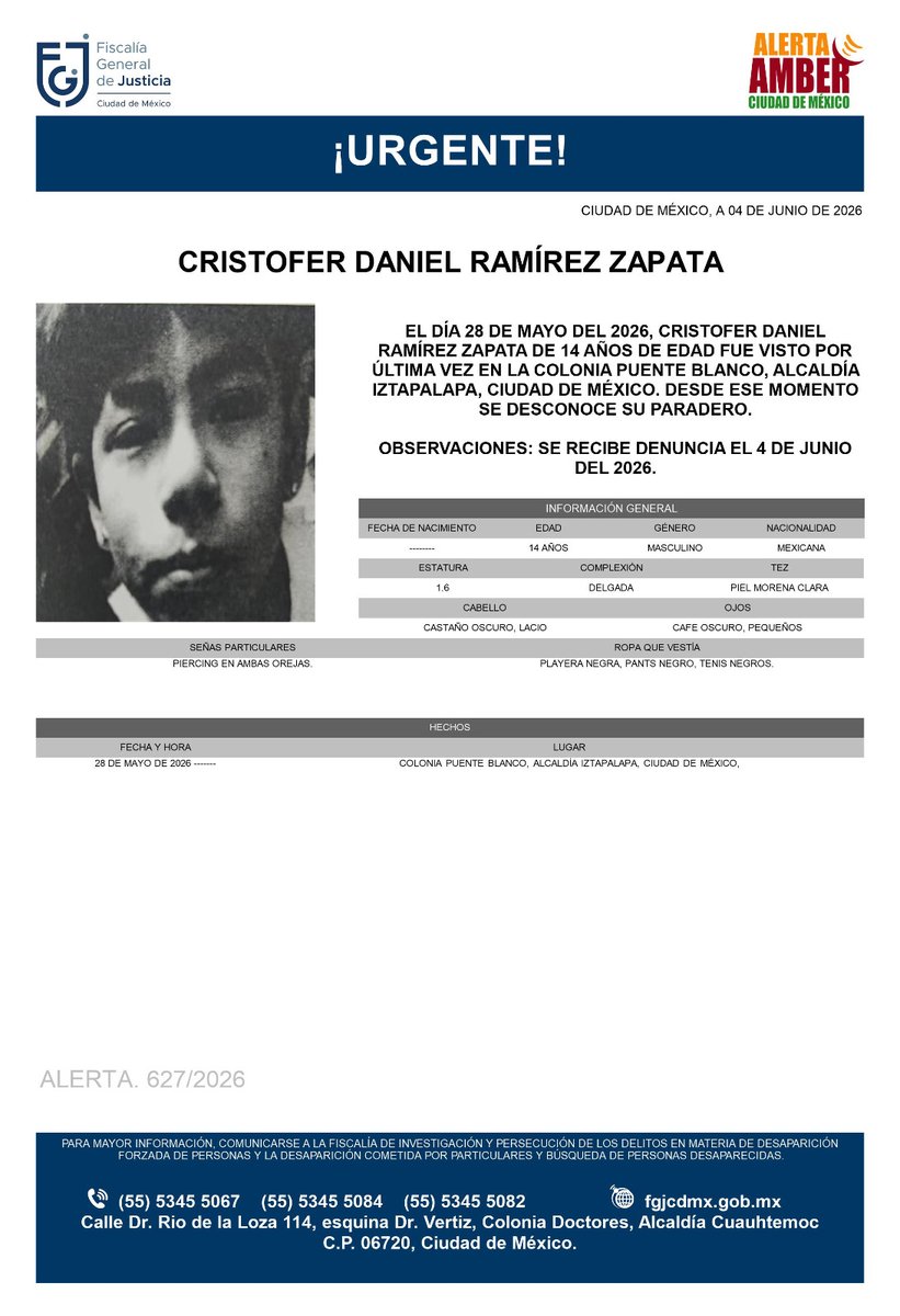 AAmberCDMX's tweet photo. Se activa #AlertaAmber para localizar a Cristofer Daniel Ramírez Zapata, de 14 años, visto por última vez el pasado 28 de mayo, en la colonia Puente Blanco, alcaldía Iztapalapa. https://t.co/BtdLlN8Mft