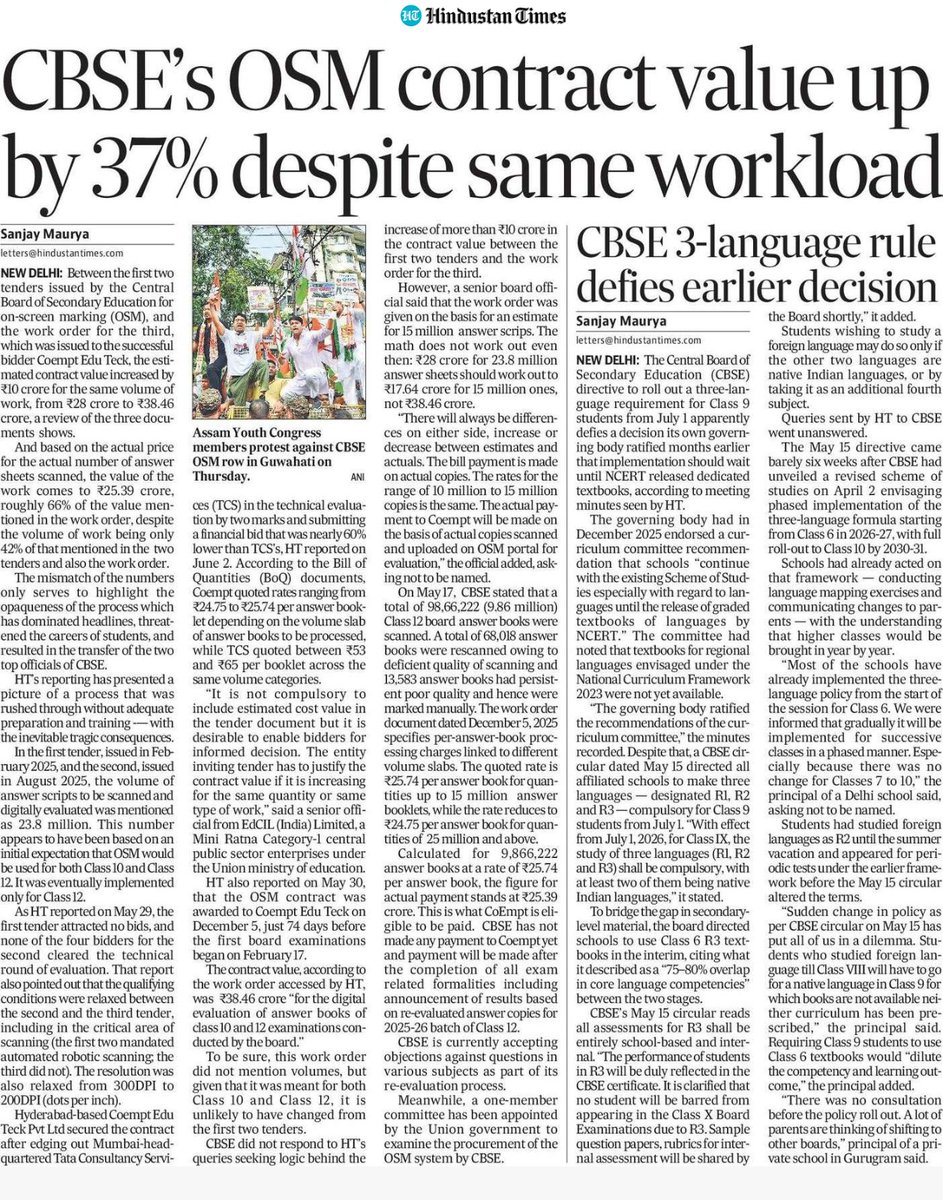 MeSanjayy's tweet photo. HT Exclusive: Between the first two tenders issued by #CBSE for OSM, and the work order for the third, which was issued to Coempt Edu Teck, the estimated contract value increased by ₹10 crore for the same volume of work, from ₹28 crore to ₹38.46 crore

I report. @htTweets https://t.co/UQP684OS3U