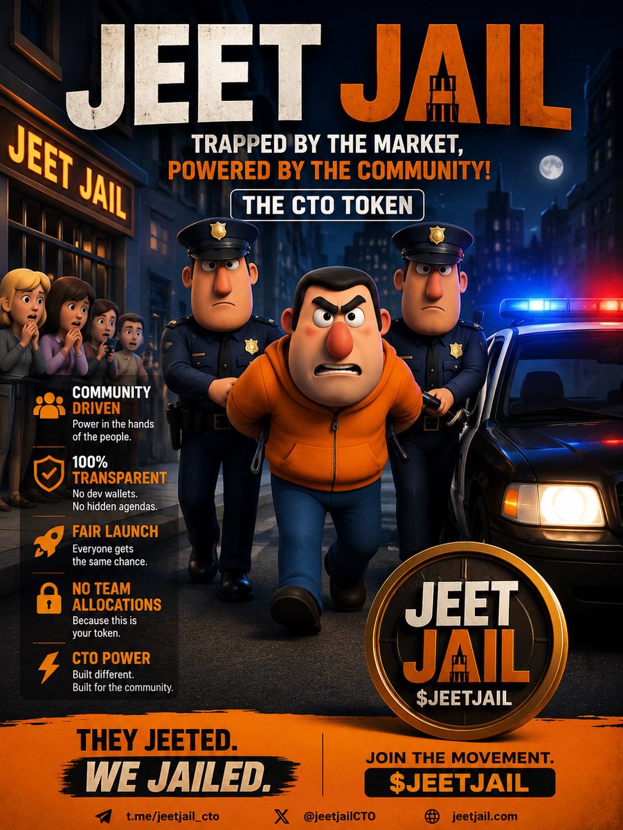 mohpharuuq's tweet photo. WELCOME TO JEETJAIL $JEET

The charts don't lie, and neither does the conviction. We are locking up the paper hands and building a community of pure diamond hands on Solana! 💎🔥

If you jeet, you find yourself behind bars. If you hold, we send this to the absolute moon. 🌕📈

CA HPHau8yipXRgJShyhFxBpeaAfCc5rzkb3KduuRErzZPh

100% Community Takeover (CTO)🔥 Culture, Memes, and Pure Momentum

Zero Tolerance for Jeeting
Stop panicking, secure your bags, and let's lock the cells! .🔑🔓

#Jeetjail #JEET #SolanaMemeCoin #SolanaGems #CryptoGems #CTO #BullMarket

@jeetjailCTO 
@solEz_crypto 
@DeltaXtc