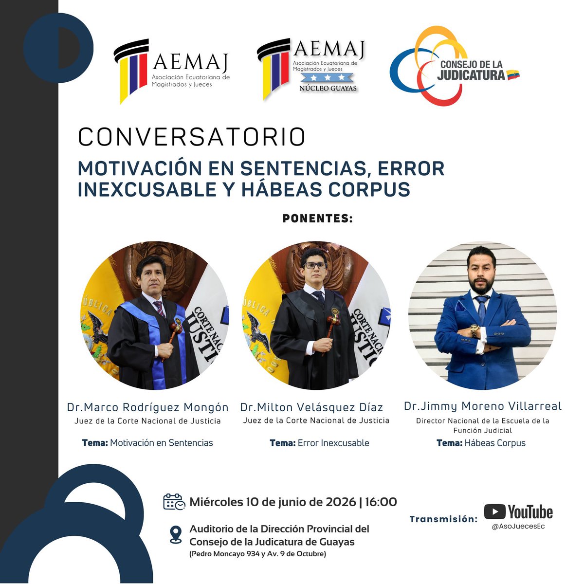 Jimmyther's tweet photo. Muchas Gracias a la @AsoJuecesEc junto a @AemajGye y @CJGuayas por la Invitación estaré participando en este evento académico, nos vemos ahí
Conversando de #FormaciónJudicial https://t.co/IKB9NzeSGW