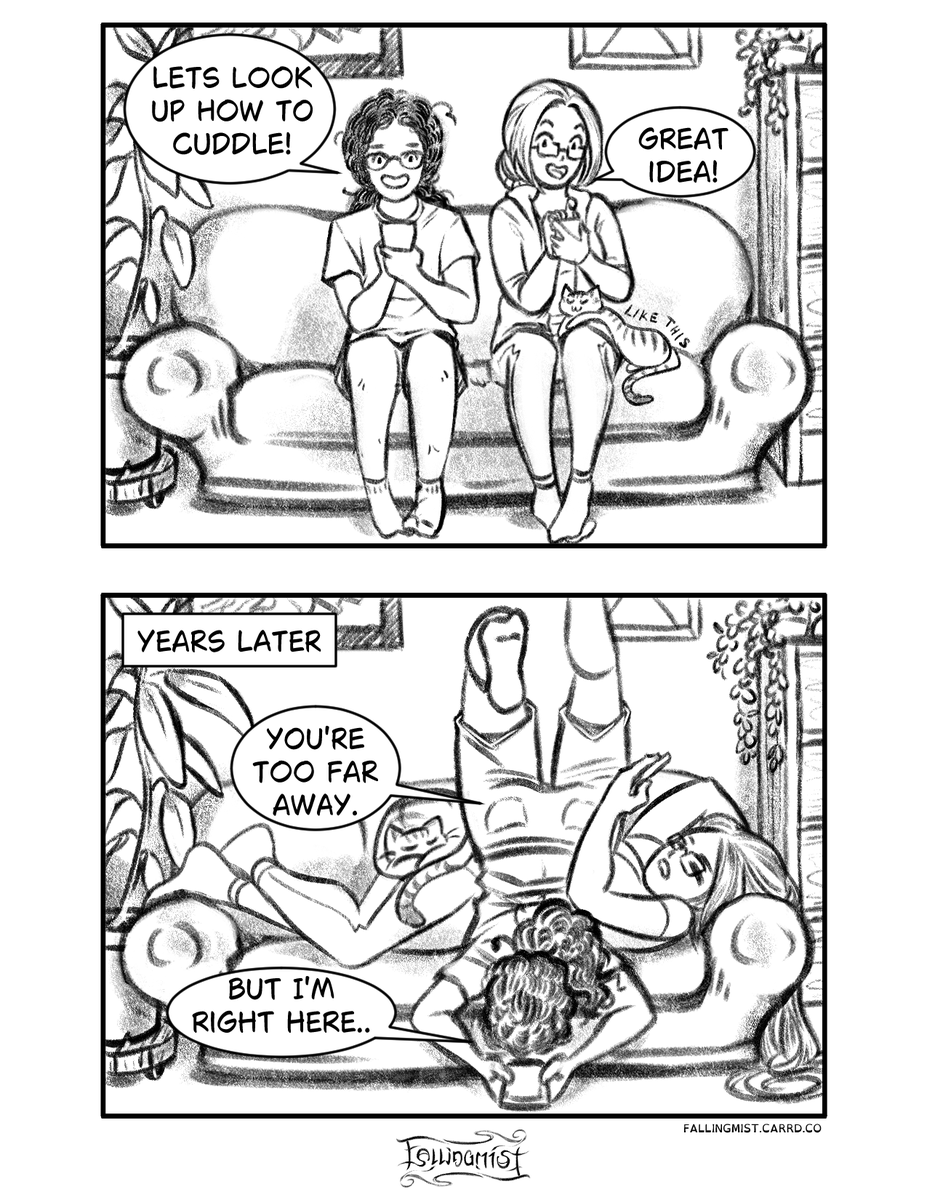 FallingMist_Art's tweet photo. Oops, missed posting my Gaily Life comic #3 and 4?! Well, here's # 3 then! 

Us two goofballs did indeed need to google how to cuddle... #pridemonth 🏳️‍🌈

Gaily Life is about daily life as married gays! https://t.co/xGdJQs84bK