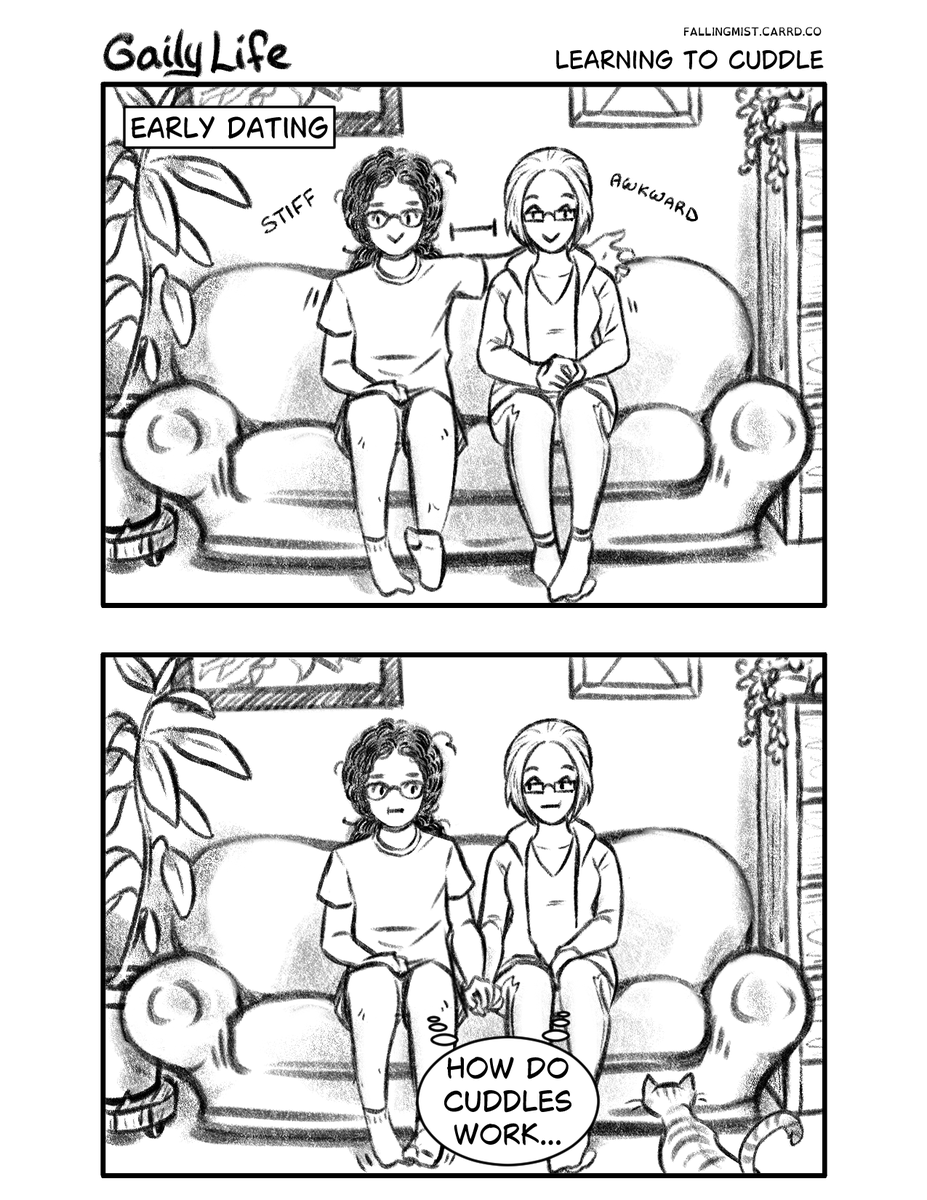 FallingMist_Art's tweet photo. Oops, missed posting my Gaily Life comic #3 and 4?! Well, here's # 3 then! 

Us two goofballs did indeed need to google how to cuddle... #pridemonth 🏳️‍🌈

Gaily Life is about daily life as married gays! https://t.co/xGdJQs84bK