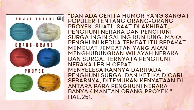 Omnduut's tweet photo. Novel Orang-orang Proyek ini bersetting di tahun 1990-an, dan ditulis setelah Orde Baru tumbang. Luar biasa bagus! kritik yang disampaikan Ahmad Tohari di novel ini sungguh menampar. Ironisnya, praktik korupsi yang diceritakan ini masih ada sampai detik ini.

Sebab itu, Orang-orang Proyek ini jadi salah satu buku yang paling aku suka. Nabok banget isinya!