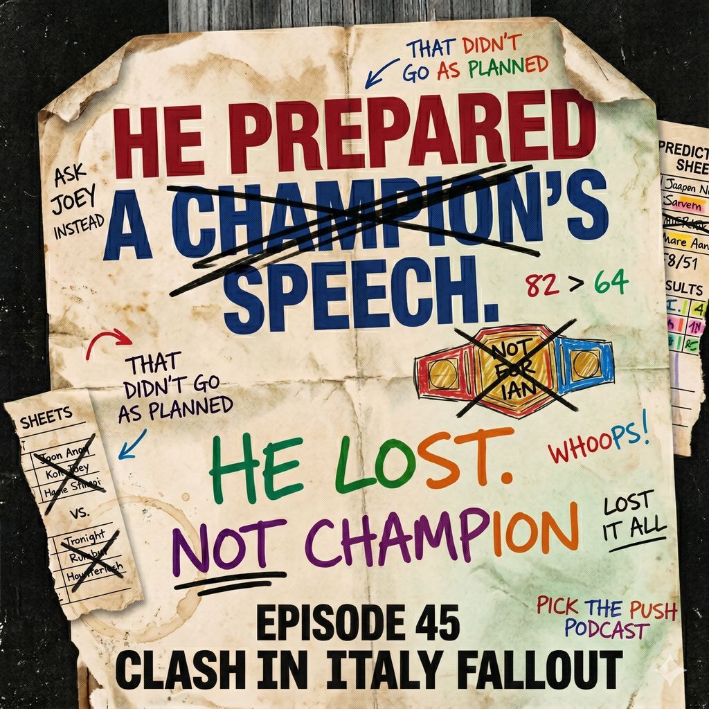 PickThePush's tweet photo. Ian had a champion's speech ready.

Then he lost.

🏆 Championship fallout
🎤 Interview with Joey
📊 Top 3 review
⚔️ RAW vs AEW 14-7

#TNA #WWE #AEW #PickThePush https://t.co/yBeFsHbM4F
