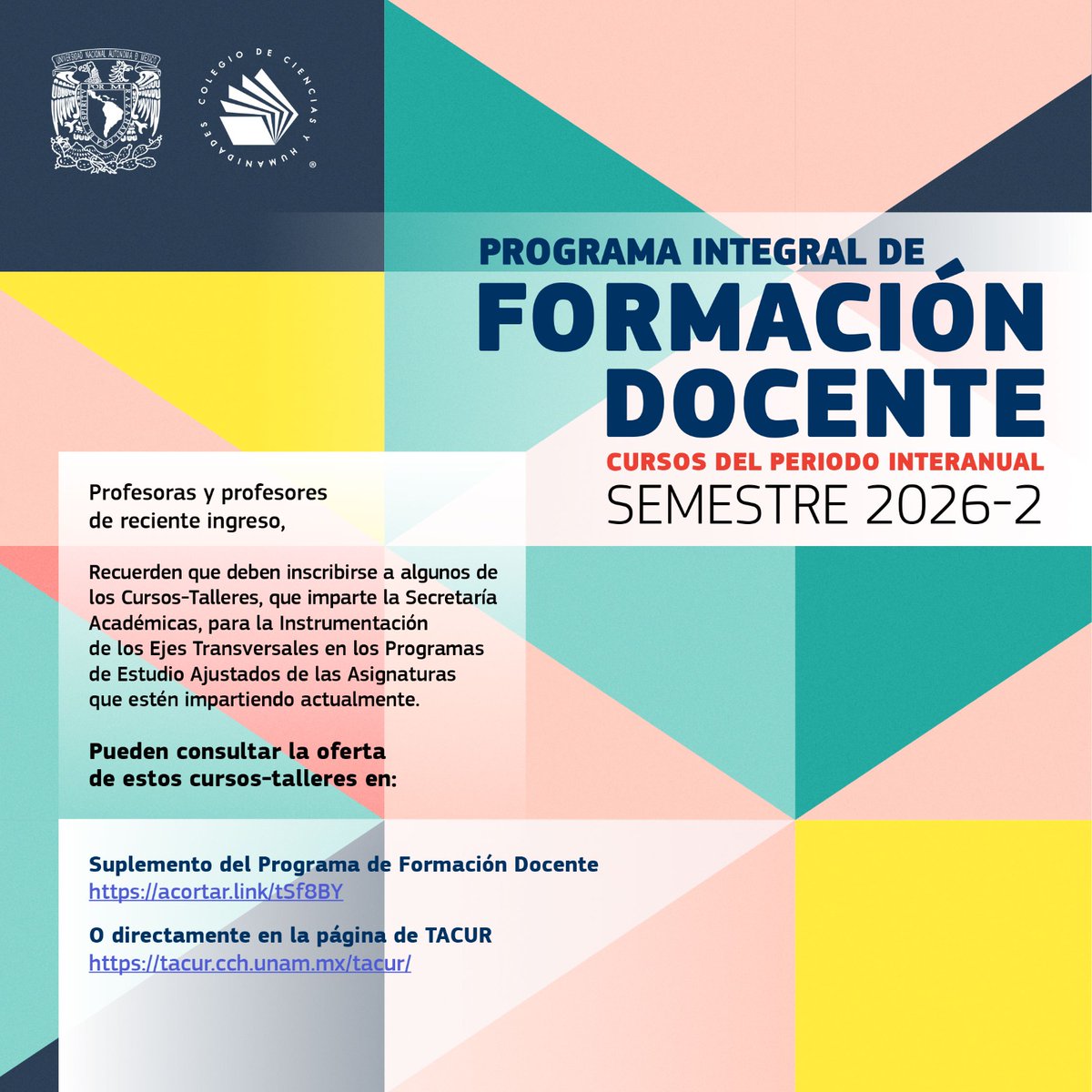 CCHUNAM's tweet photo. Si eres profesora o profesor de reciente ingreso en nuestro CCH... 👨‍🏫👩🏻‍🏫📚

Recuerda que debes inscribirte a algunos talleres-cursos relacionados con las asigntauras que impartes.

Oferta ⬇️

Suplemento:
https://t.co/CjIvsRRSSX

Página de TACUR:
https://t.co/YBlSHoogRp https://t.co/wocbAEbSBK